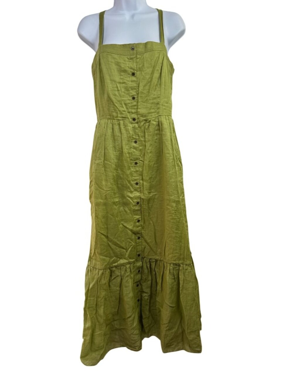 Banana Republic Green 100% Ramie Tiered Maxi Dress Button Front Sz Small Pockets